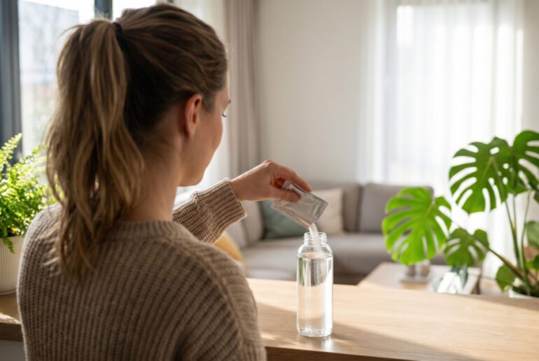 donna con infiammazione da cistite ricorrente versa bustina in acqua