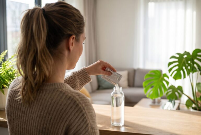 donna con infiammazione da cistite ricorrente versa bustina in acqua