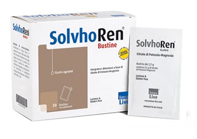 confezione di solvhoren bustine, integratore alimentare a base di citrato di potassio-magnesio per calcoli renali