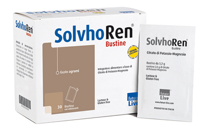 confezione di solvhoren bustine, integratore alimentare a base di citrato di potassio-magnesio