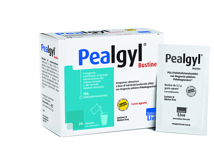 una confezione di pealgyl bustine, integratore alimentare a base di palmitoiletanolamide (PEA) e magnesio pidolato